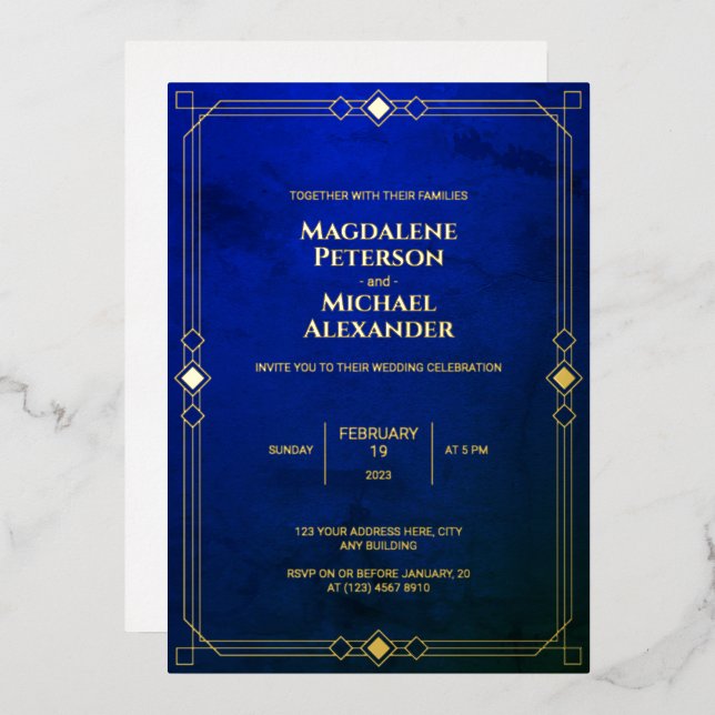 Dark Blue Marble Pattern Modern Frame Wedding (Front/Back)