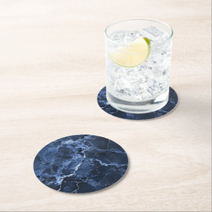 Dark Blue Marble Pattern Round Paper Coaster