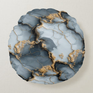 Dark Blue Marble Texture with Liquid Gold Veins Round Cushion