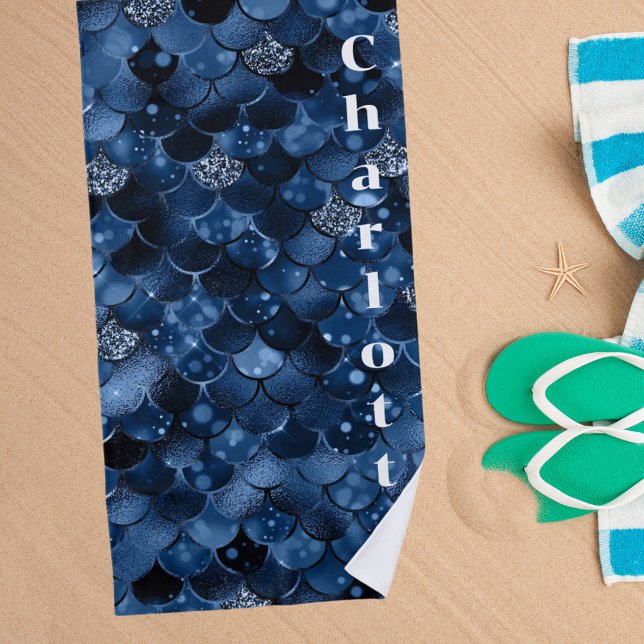 Dark blue mermaid scales name beach towel (Creator Uploaded)