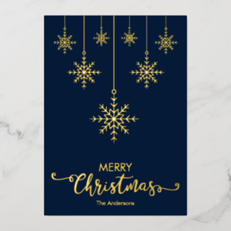 Dark Blue Merry Christmas Snowflakes Gold