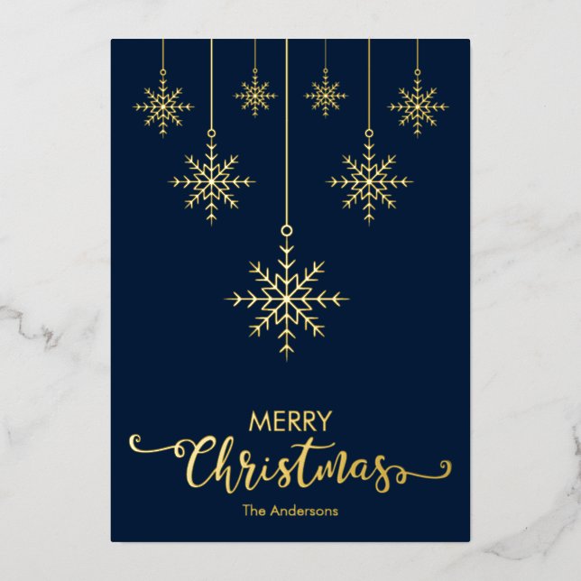 Dark Blue Merry Christmas Snowflakes Gold (Front)