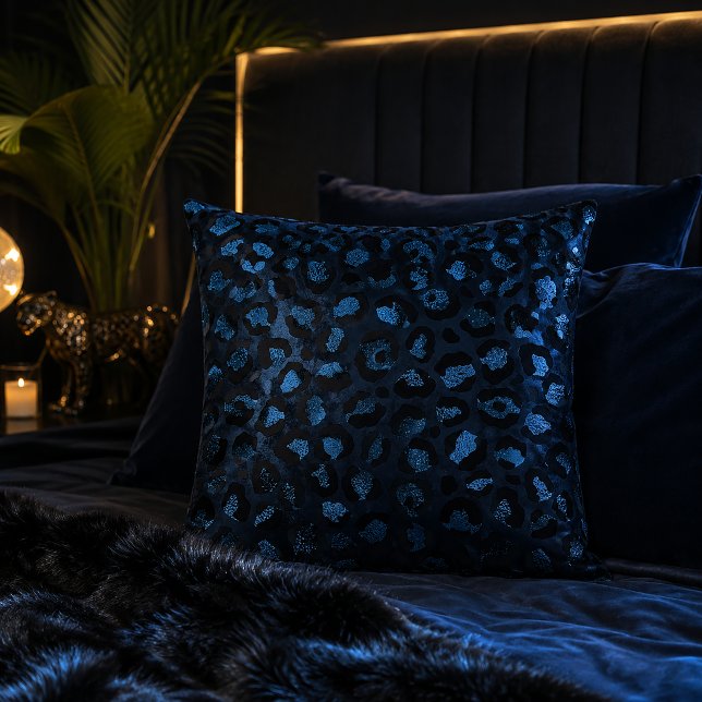Dark Blue Metallic Leopard Print Animal Pattern Cushion (Creator Uploaded)