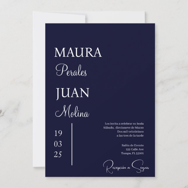 Dark blue minimalist wedding invitation spanish (Front)