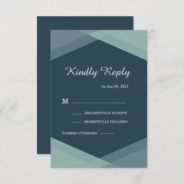 Dark Blue Mint Geometric Modern Wedding RSVP Invitation (Front/Back)