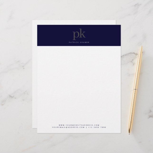 Dark Blue Modern Minimalist Monogram Professional Custom Letterhead (Front/Back In Situ)