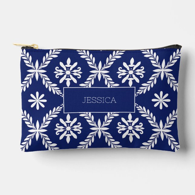 Dark Blue Modern White Personalised Makeup Travel Accessory Pouch (Front)
