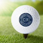Dark blue monogram initials name and custom text golf balls<br><div class="desc">Golf ball featuring a modern,  dark blue monogram with two initials separated by a vertical line inside a circle and your name and custom text. You can change colours with the customisation tool.</div>