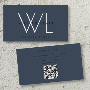 Dark Blue Monogram Modern Minimalist QR Code Business Card