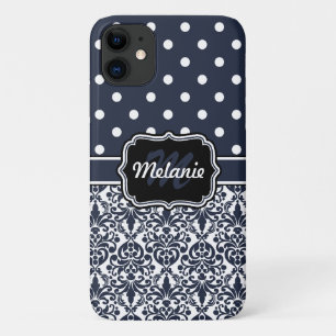 Dark Blue Monogrammed Damask Polka Dots Pattern Case-Mate iPhone Case
