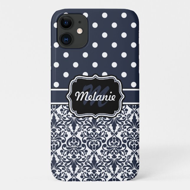 Dark Blue Monogrammed Damask Polka Dots Pattern Case-Mate iPhone Case (Back)