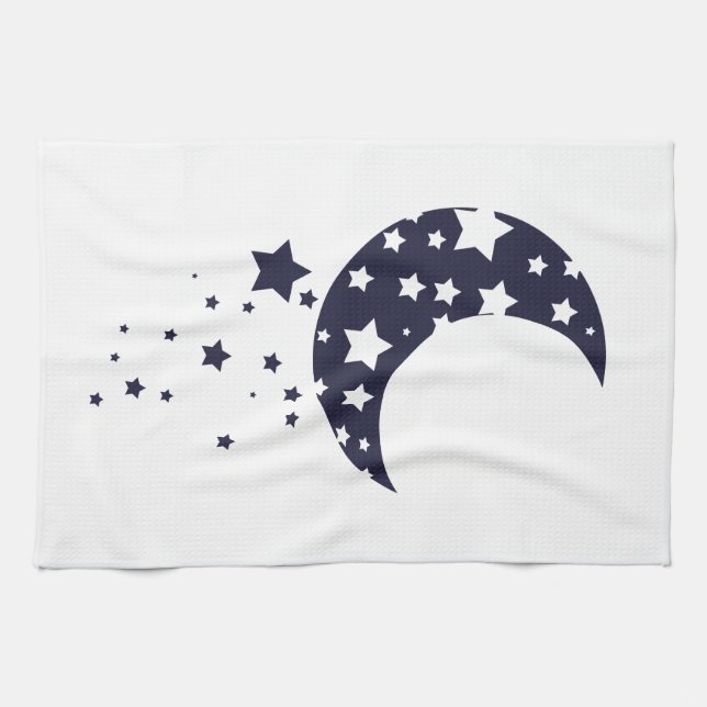 Dark blue moon and stars silhouette magical sky tea towel (Horizontal)