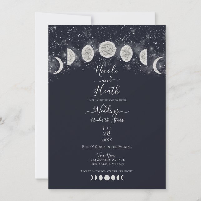 Dark Blue Moon Phases Under the Stars Wedding  Invitation (Front)