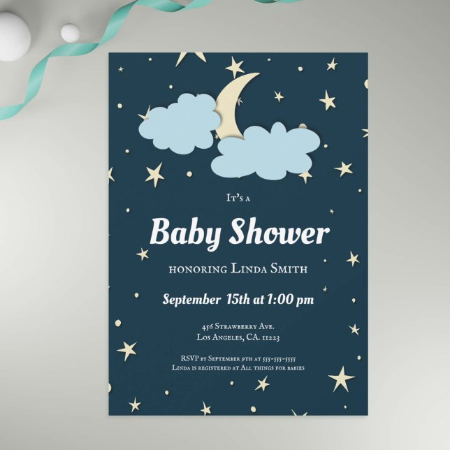 Dark Blue Moon & Stars Elegant Neutral Baby Shower Invitation (Creator Uploaded)