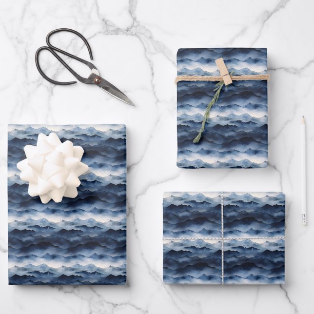 Dark Blue Mountain Landscape Wrapping Paper Sheet (Front)