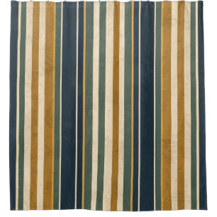Dark Blue Mustard Gold Forest Green Vintage Stripe Shower Curtain