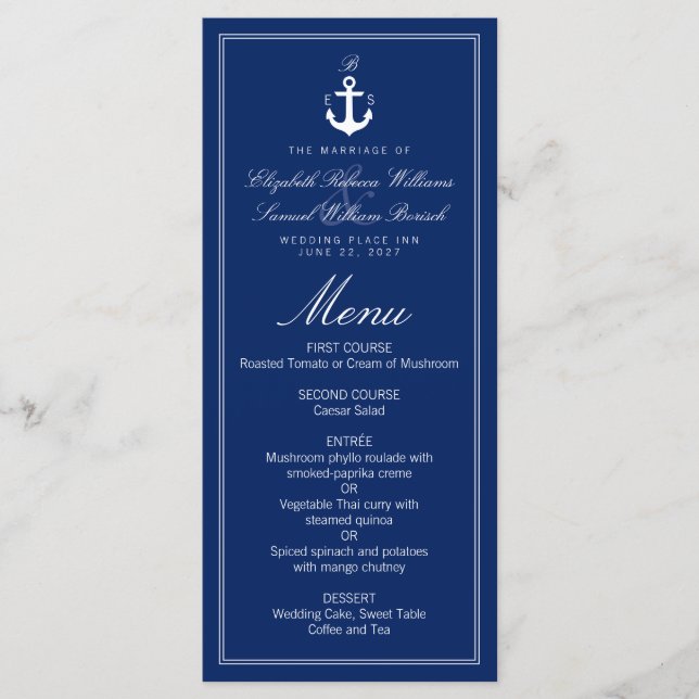 Dark Blue Nautical Monogram Anchor Wedding Menu (Front)
