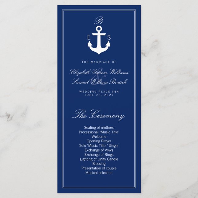 Dark Blue Nautical Wedding Program Rack Cards (Front)