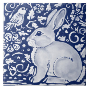 Dark Blue Navy Cobalt Rabbit Bird Chinoiserie  Tile