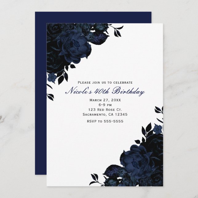Dark Blue Navy Flowers Floral Gothic Invitations (Front/Back)