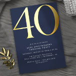Dark Blue Navy   Gold | Cool Modern 40th Birthday<br><div class="desc">Modern minimal style 40th birthday invitations with heading "40" text in real metallic foil. Your event details are printed in matte white. Gold accents on a navy blue background.</div>