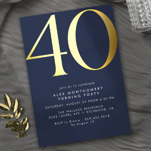 Dark Blue Navy + Gold   Cool Modern 40th Birthday