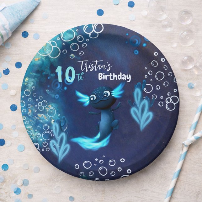 Dark Blue Neon Axolotl Birthday Party Paper Plate (Creator Uploaded)