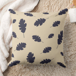 Dark blue oak leaves pattern on beige background cushion