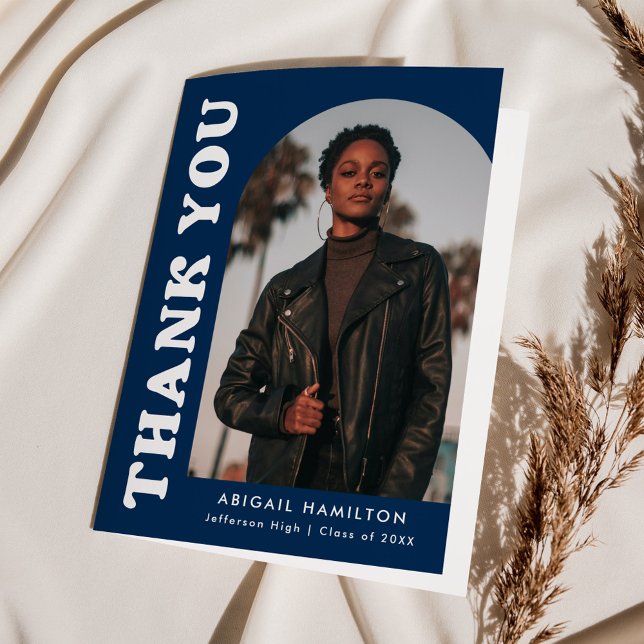 Dark Blue Offset Arch 4 Photo Graduation Thank You Card (Creator Uploaded)