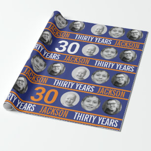 Dark blue orange 30th photo birthday  wrapping paper