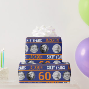 Dark blue orange 60th photo birthday wrapping paper