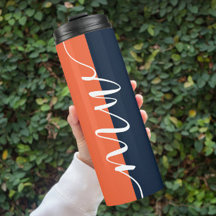 Dark Blue & Orange Chic Minimalist Script Monogram Thermal Tumbler