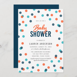 Dark Blue Orange Confetti Baby Shower Invitation