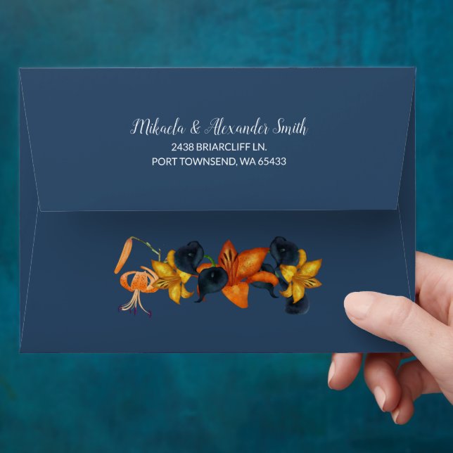 Dark Blue, Orange Fall Flowers Wedding Envelope (Hand)