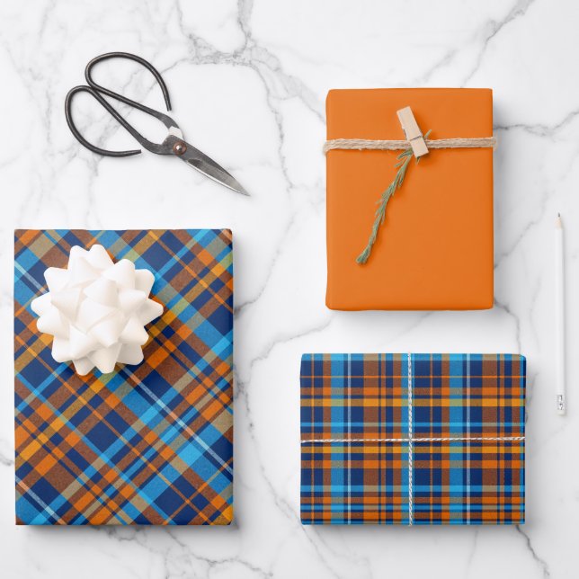Dark Blue, Orange & Sky Blue Plaid Wrapping Paper Sheet (Front)