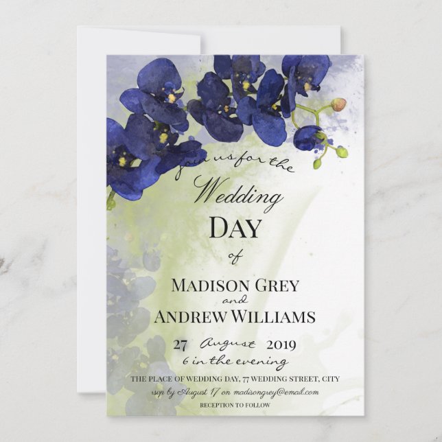 Dark Blue Orchid Watercolor Wedding Invitation (Front)