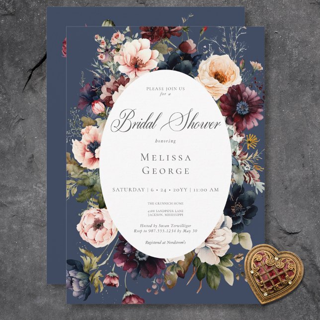 Dark Blue Oval Floral Frame Bridal Shower Invitation (Dark Blue Oval Floral Frame Bridal Shower Invitation)