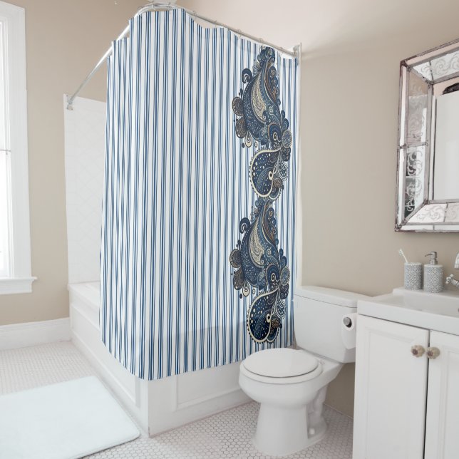 Dark Blue Paisley Stripe Pattern Retro Chic Boho Shower Curtain (In Situ)
