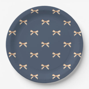 Dark Blue Paper Plate with Gold Bow Pattern