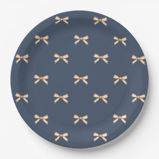 Dark Blue Paper Plate with Gold Bow Pattern