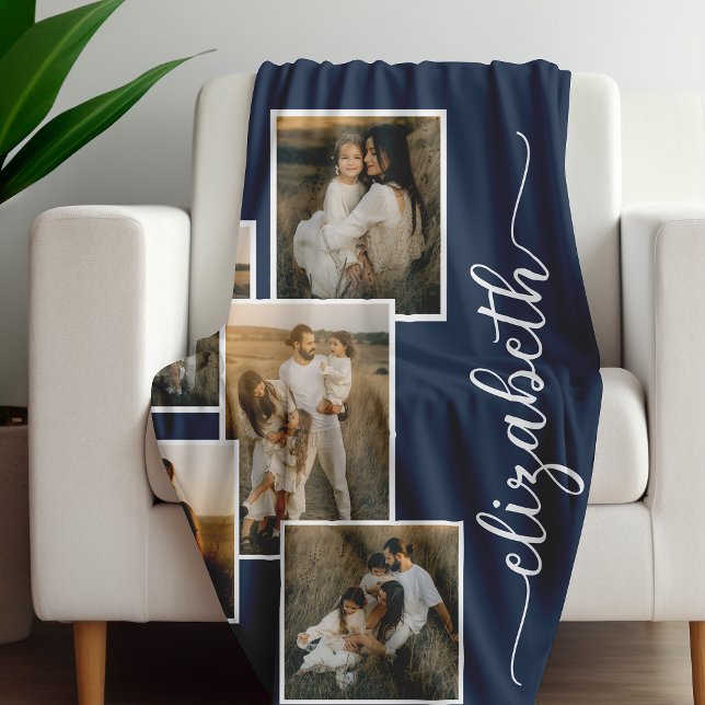 Dark Blue Personalised With Name 5 Photo Collage  Fleece Blanket (Creator Uploaded)