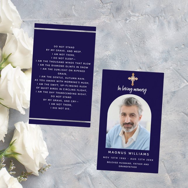Dark blue  photo cross arch funeral prayer card (Creator Uploaded)