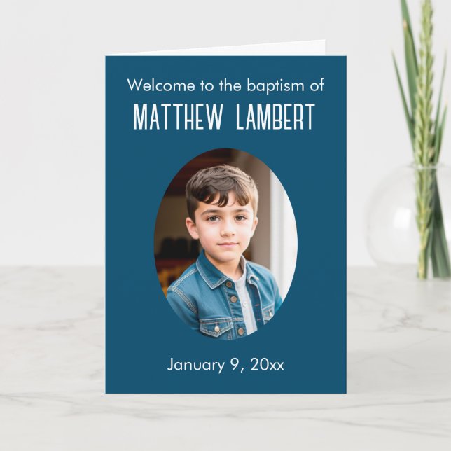 Dark Blue Photo Front Polka-Dot Folded Baptism Programme (Front)