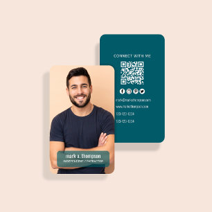 Dark Blue Photo QR Code Connect With Me Business Card