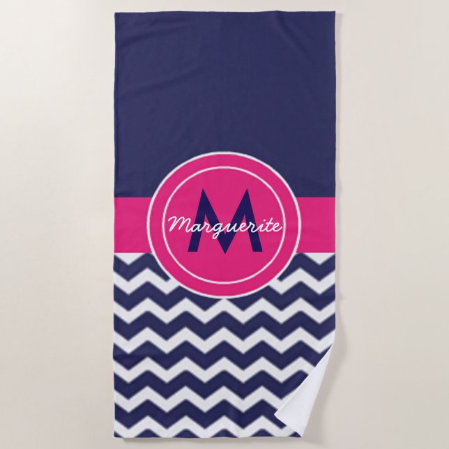 Dark Blue Pink Chevron Beach Towel (Front)