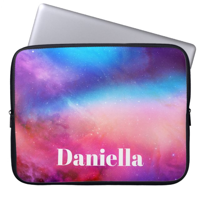 Dark Blue & Pink Holographic Sky with Custom Name Laptop Sleeve (Front)