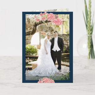 Dark blue pink peonies wedding photo thank you card