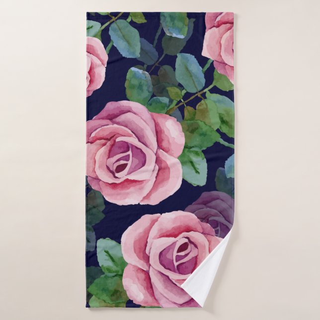 Dark Blue, Pink Roses Watercolor. Bath Towel (Bath Towel)