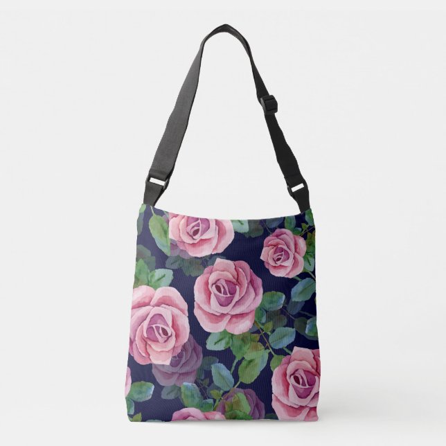 Dark Blue, Pink Roses Watercolor. Crossbody Bag (Front)
