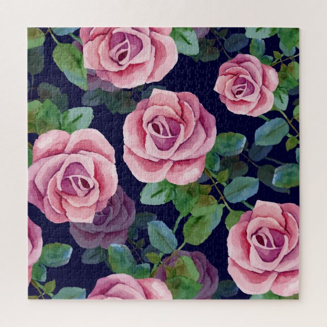 Dark Blue, Pink Roses Watercolor. Jigsaw Puzzle (Vertical)
